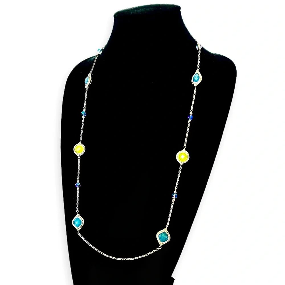 LOFT | Silver-Tone Long Station Necklace with Blue & Green Faceted Beads | NEW - Picture 8 of 8